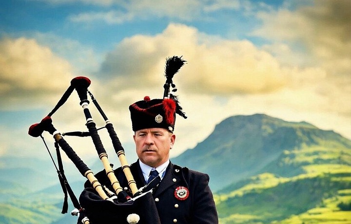 Muž ve skotském tradičním oděvu s dudy