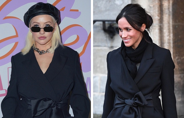 Christina Aguielra a Meghan Markle v kabátu Stella McCartney