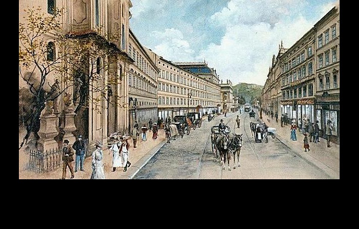 Původní empírové Chourovy domy z pol. 19.století. Zbourány pro havarijní stav v r.1954.