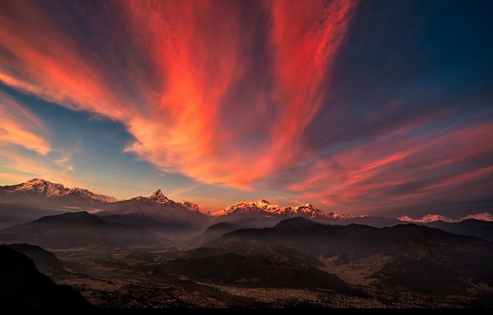 Pohled na Tibet při západu Slunce