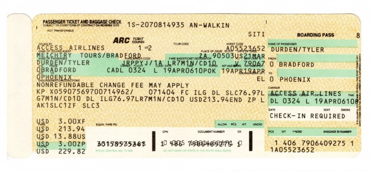 Palubní lístek Tylera Durdena z dramatu Klub rváčů