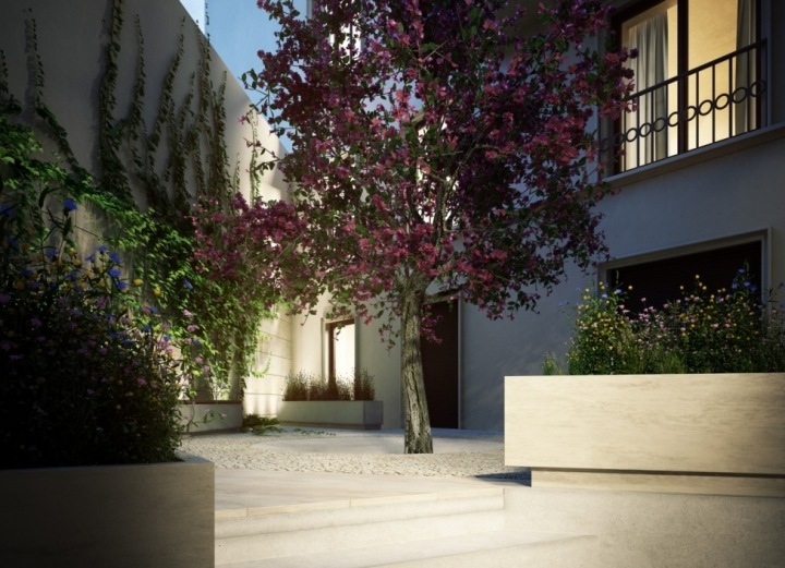 Moderně vyřešený klidný vnitroblok v historickém centru Prahy