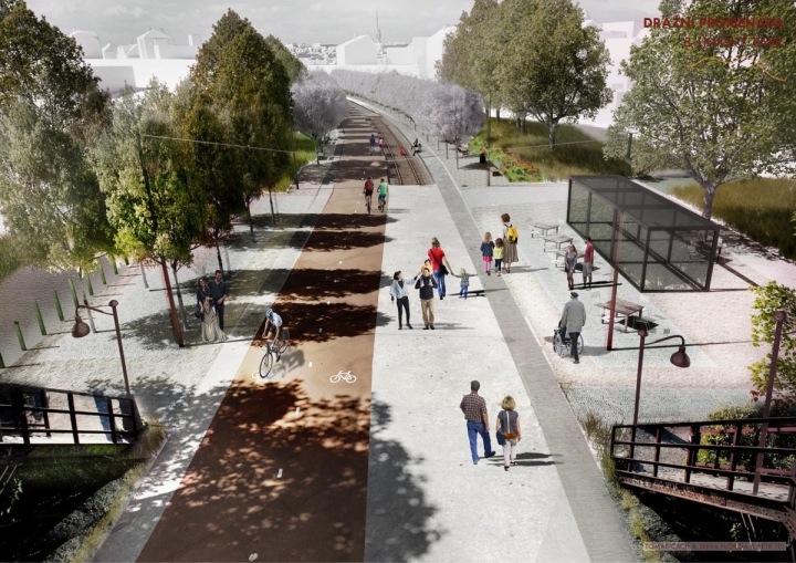 Drážní promenáda a liniový park ze shora Drážní promenáda a liniový park ze shora