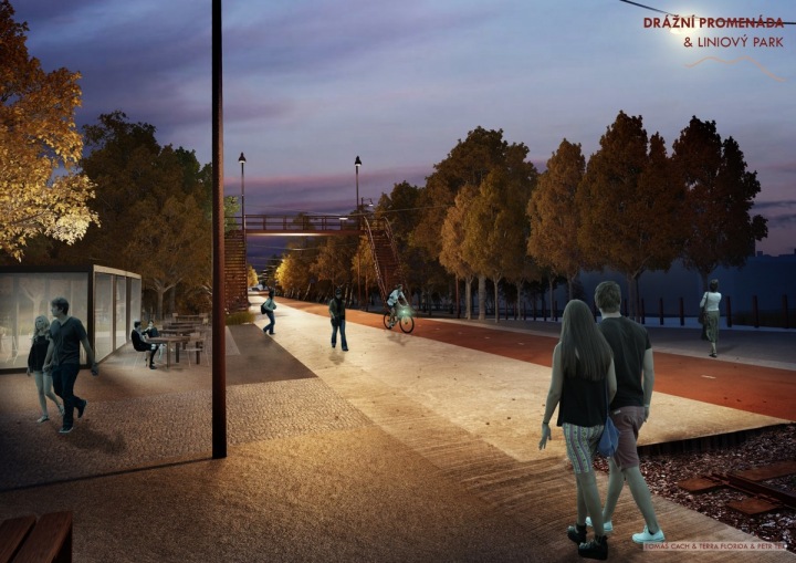 Drážní promenáda a liniový park v noci Drážní promenáda a liniový park v noci