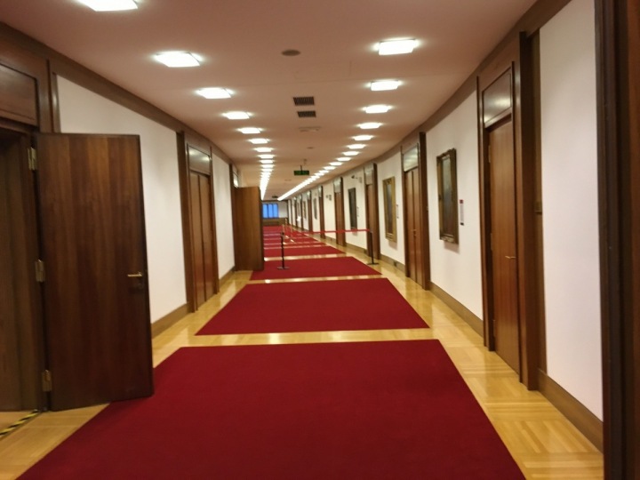 Patro s červeným kobercem, kde sedí všichni členové Rady. Patro s červeným kobercem, kde sedí všichni členové Rady.