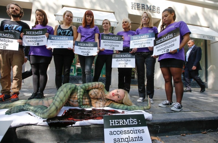 Skupina lidí stojí s plakáty za ženou pomalovanou jako plaz. Protest aktivistů PETA v Belgii v roce 2015. Skupina lidí stojí s plakáty za ženou pomalovanou jako plaz. Protest aktivistů PETA v Belgii v roce 2015.