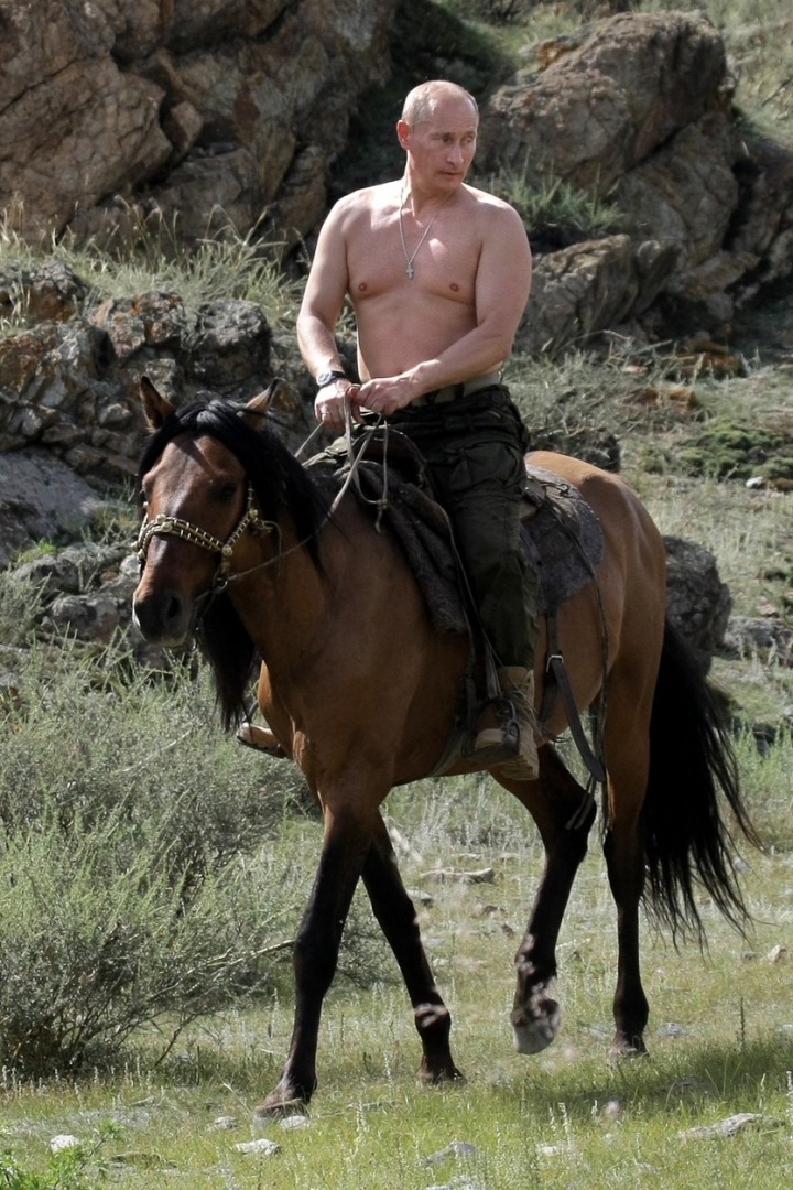  Vladimir Putin na koni nahoře bez...