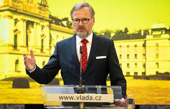 Premiér Petr Fiala na tiskové konferenci na jednání Bezpečnostní rady státu k situaci na Ukrajině.